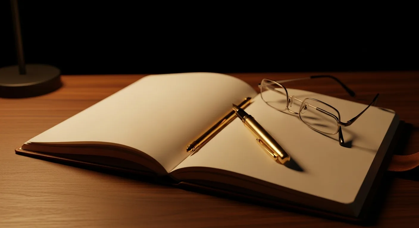 An open notebook with a gold pen and reading glasses under warm desk light