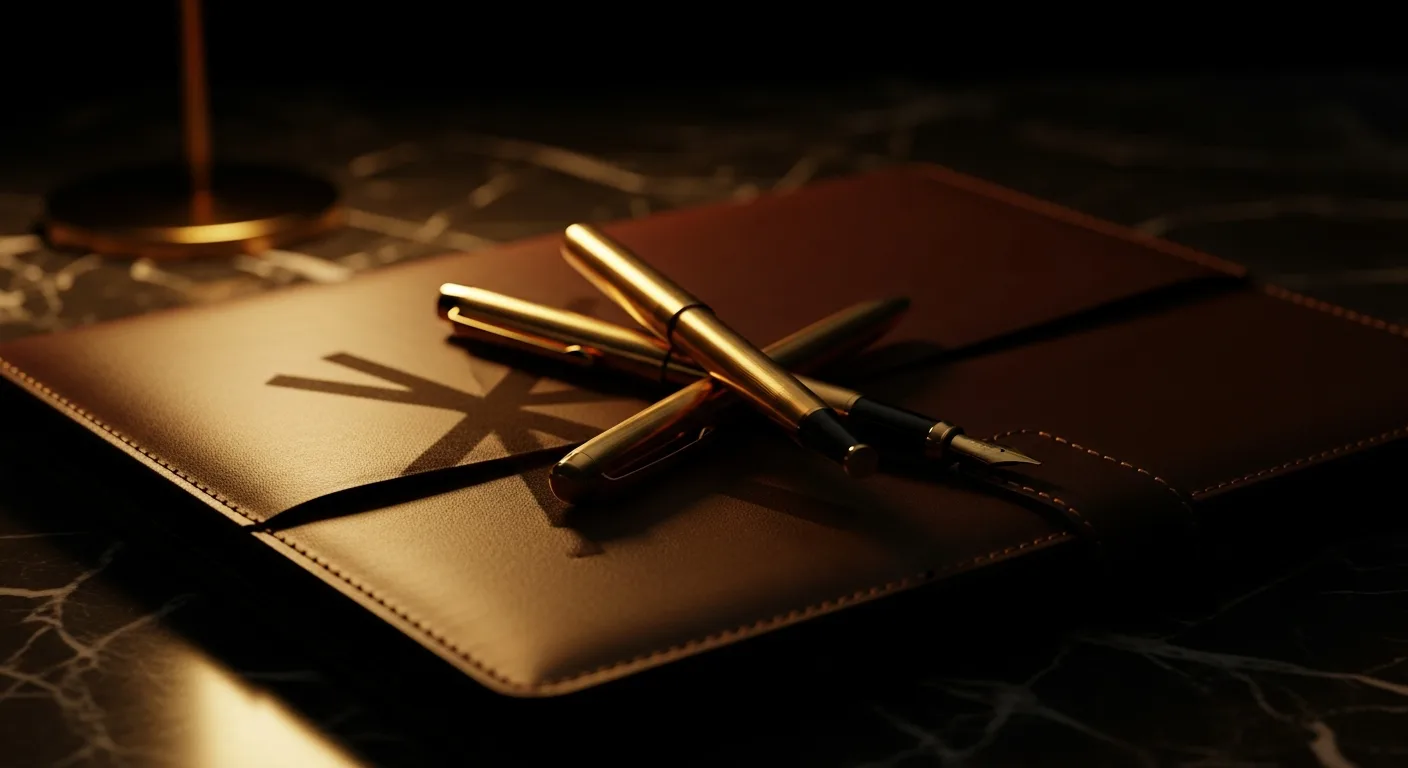 Two gold fountain pens crossed atop a leather portfolio